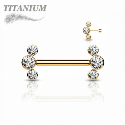 Threadless Titanium Nipple Barbell with 3 Bezel Set CZ Curved Ends