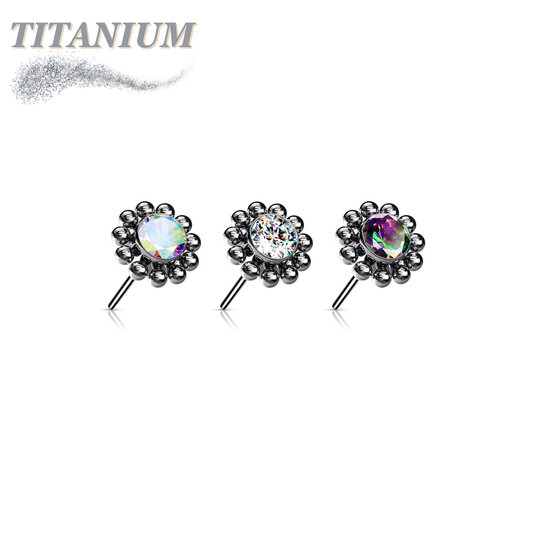 Threadless Titanium Flower Top Only with Center CZ and Surrounding Ball Cluster
