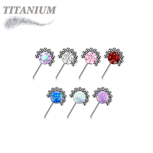 Titanium Threadless Forward Facing Gem or Opal with Beaded Micro Ball Edge Top Only