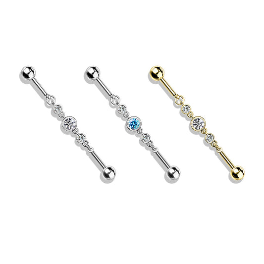 Surgical Steel External Thread Industrial with Triple Round CZ Chain Middle