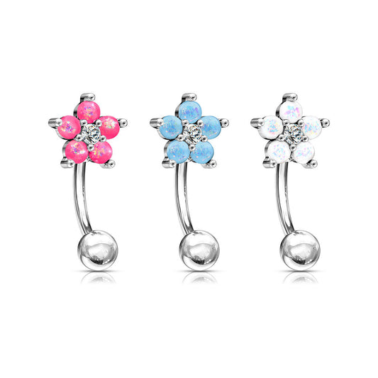 Surgical Steel CZ Center Glitter Flower Curved Barbell External Thread