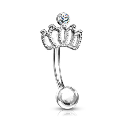 Surgical Steel Curved Barbell with Crown Crystal Feature External Thread