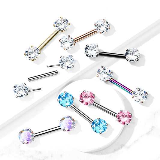 Surgical Steel Threadless Nipple Bar with Prong CZ Ends