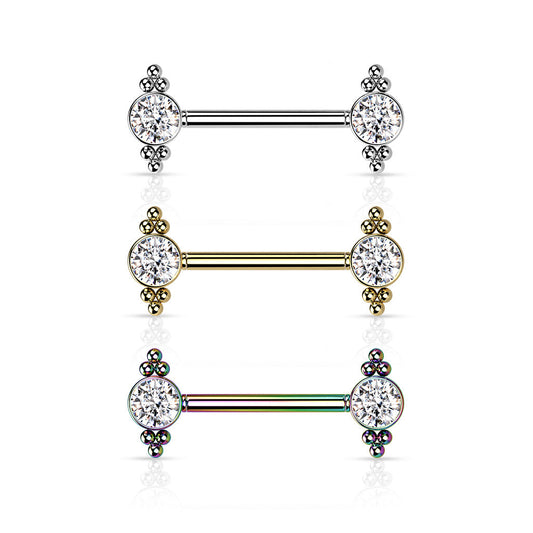 Surgical Steel Threadless Nipple Bar with CZ and Ball Cluster Ends