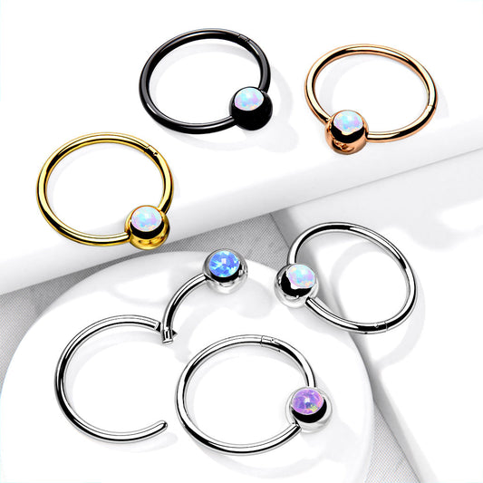 Surgical Steel Hinged Ring with Front Facing Single Opal Ball
