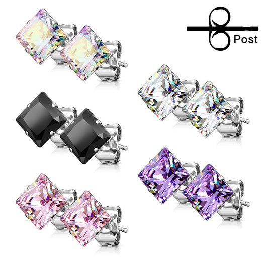 Surgical Steel Square CZ Prong 22G Earrings