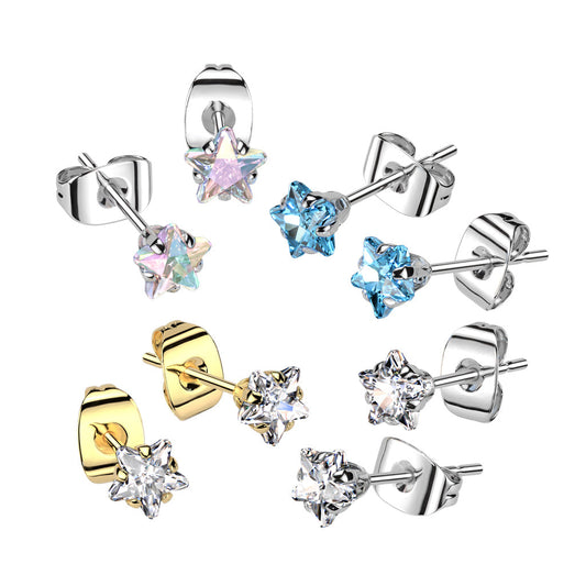 Prong Set Star CZ Surgical Steel Earrings