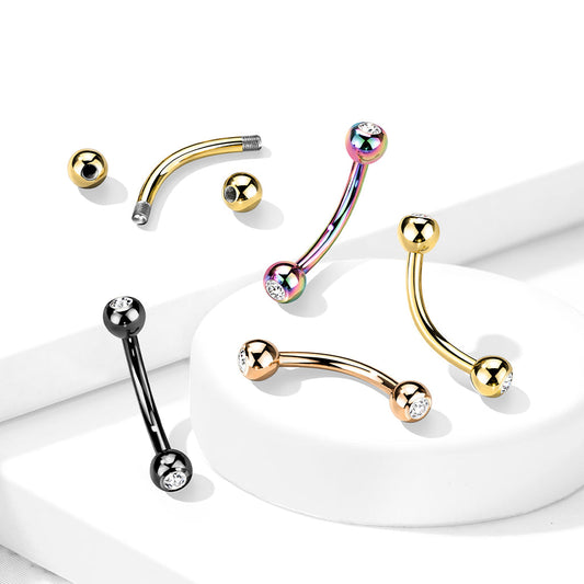Titanium Colored Curved Barbell with Press Fit CZ Ball Ends External Thread