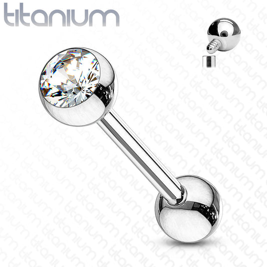 Tongue Titanium Barbell with One Bezel Gem and One Fixed Ball Internal Thread